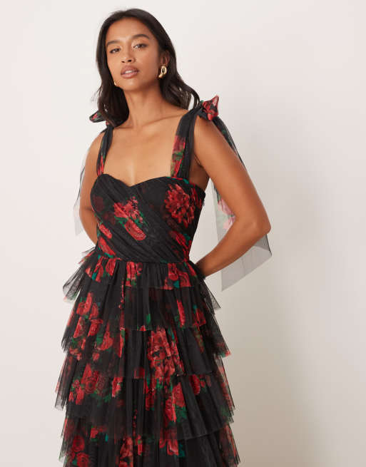 Lace & Beads Petite - Vestito lungo in tulle nero con rose e fiocchi sulle spalle, 4 di 4