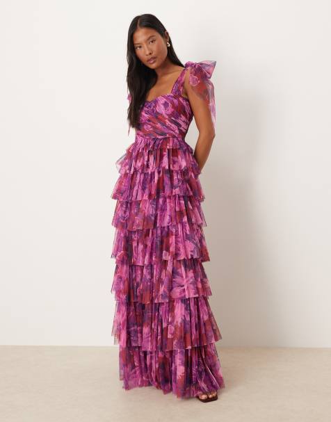 Lace & Beads Petite - Vestito lungo in tulle rosso con stampa astratta e fiocchi sulle spalle - view 1