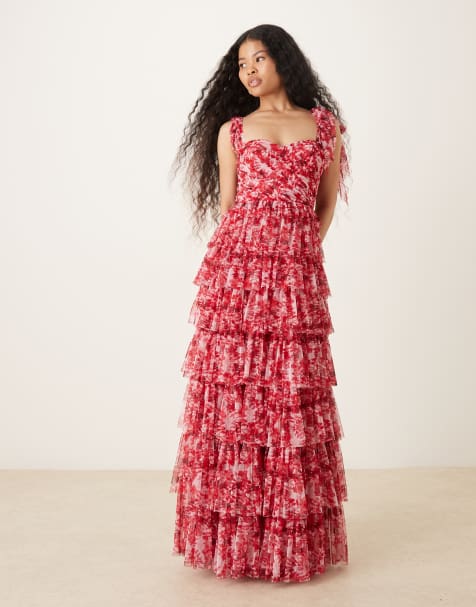 Lace & Beads Petite - Vestito lungo in tulle rosso e rosa a fiori con spalle con fiocco - view 1