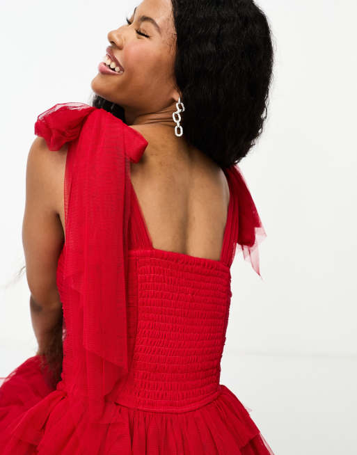 Lace & Beads Petite - Vestito lungo rosso con volant e fiocchi sulle spalle, 2 di 4