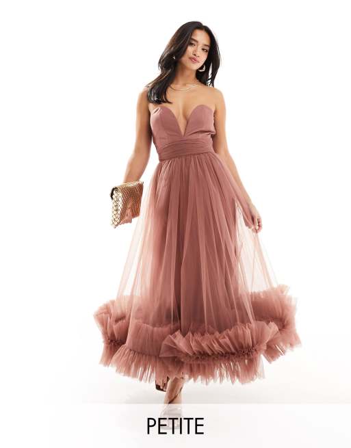 Lace & Beads Petite - Vestito marrone rosato al polpaccio in tulle con volant sul fondo e corsetto