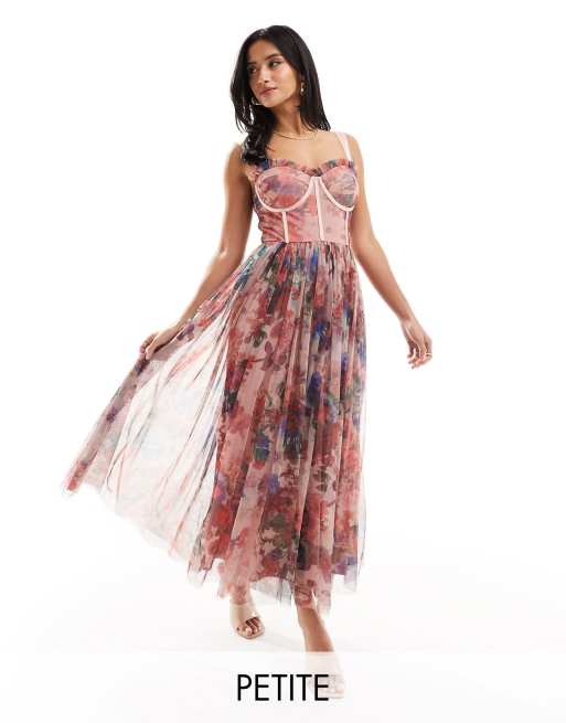 Lace & Beads Petite - Vestito midi con corsetto in tulle a fiori rosa