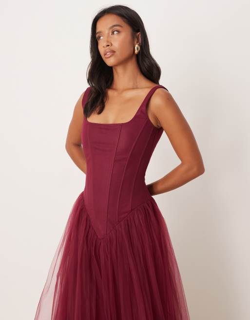 Lace & Beads Petite – Vinröd maxiklänning med korsett och sänkt fåll, 3 av 4