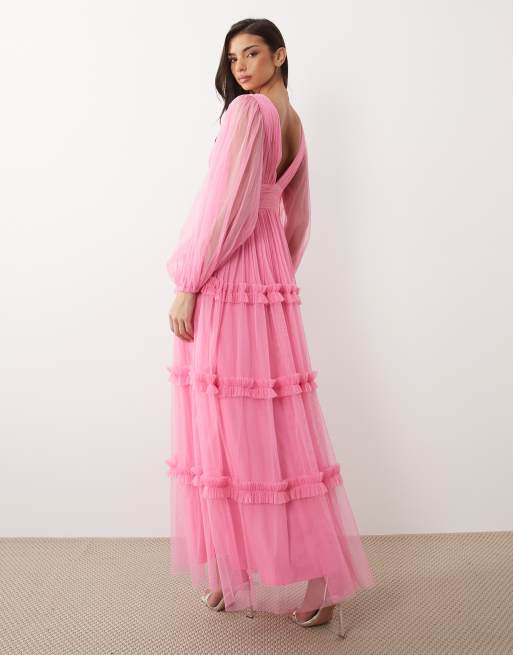 Lace & Beads - Pink lagdelt maxikjole med dyb udskæring og flæser i tyl, 2 af 4