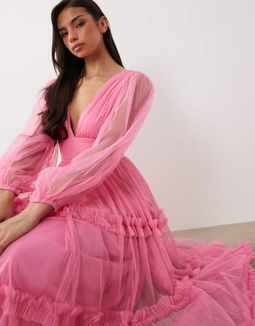 Lace & Beads - Pink lagdelt maxikjole med dyb udskæring og flæser i tyl, 3 af 4