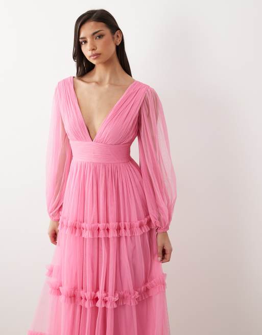 Lace & Beads - Pink lagdelt maxikjole med dyb udskæring og flæser i tyl, 4 af 4