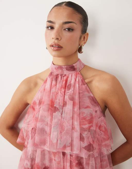 Lace & Beads - Pink lagdelt minikjole med høj hals og roseprint i tyl, 3 af 4