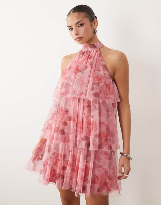 Lace & Beads - Pink lagdelt minikjole med høj hals og roseprint i tyl, 4 af 4