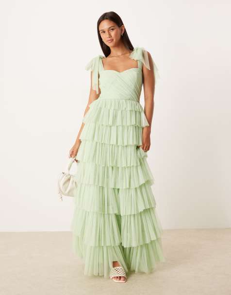 Lace & Beads bow shoulder ruffle maxi dress in pistachio