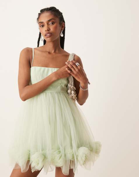 Lace & Beads bubble hem babydoll tulle mini dress in pistachio