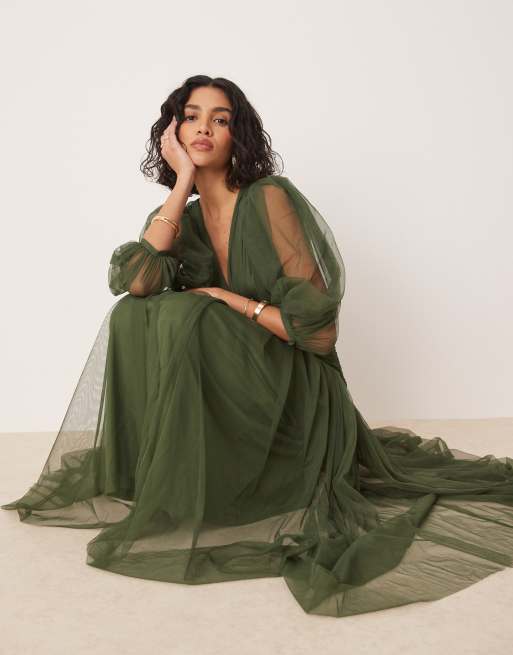 Lace & Beads plunge drop hem maxi dress in olive