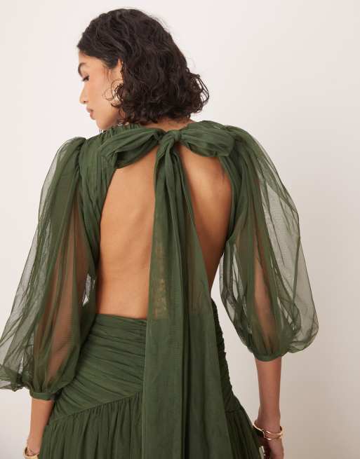 Lace & Beads plunge drop hem maxi dress in olive