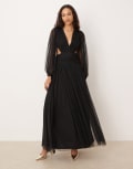 [Lace & Beads] Lace & Beads plunge drop hem tulle maxi dress in black 10 Black