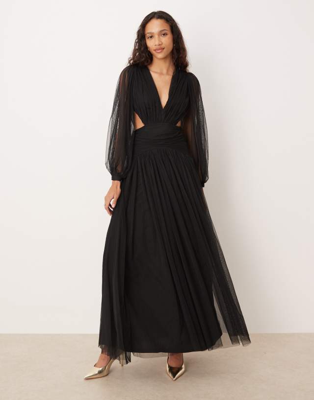 asos black tulle dress Lace & Beads plunge drop hem maxi in black babydoll nightie