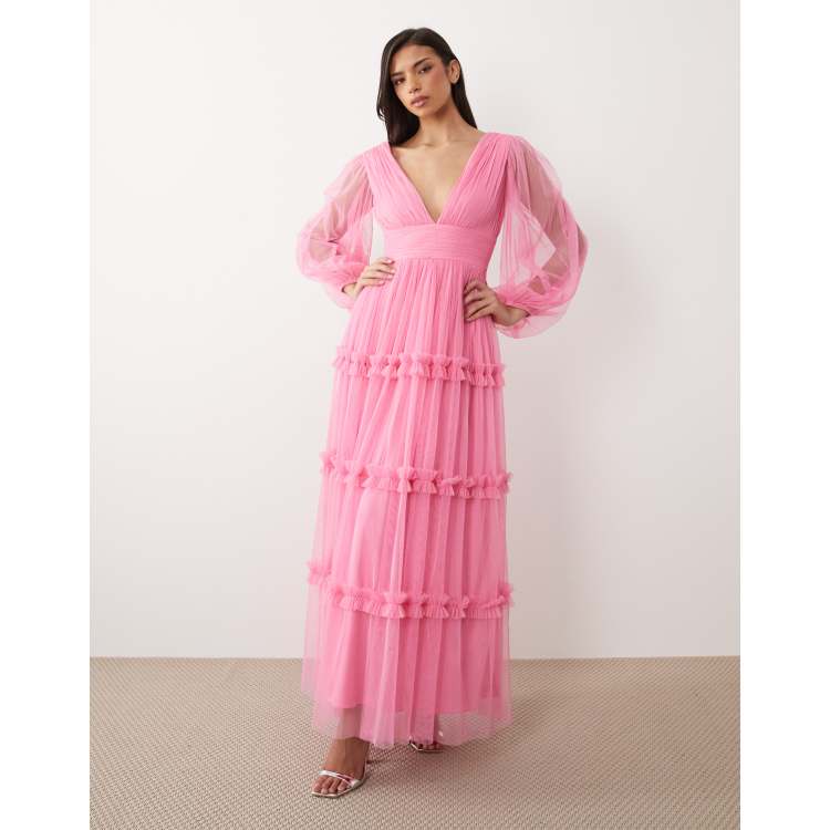 Lace & Beads plunge neck ruffle trim tiered tulle maxi dress in