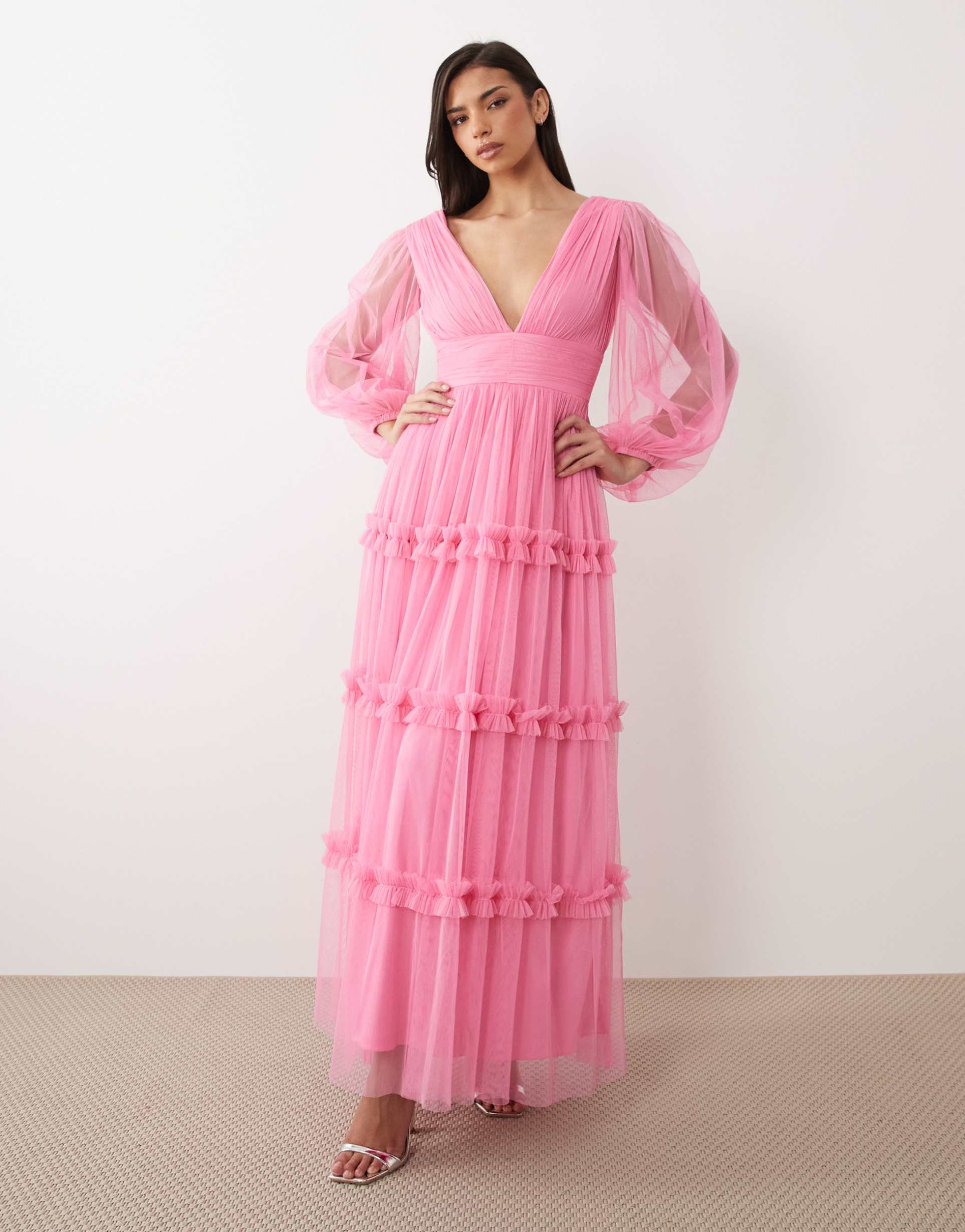 lace & beads plunge neck ruffle trim tiered tulle maxi dress in pink