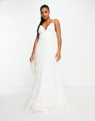 Lace & Beads Lace & Beads plunge tiered maxi dress in white