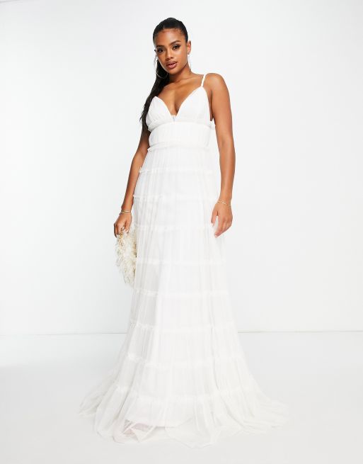 Lace Beads plunge tiered maxi dress in white