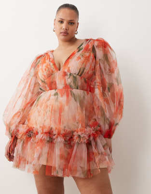 Lace & Beads Plus balloon sleeve organza mini dress in orange poppy print