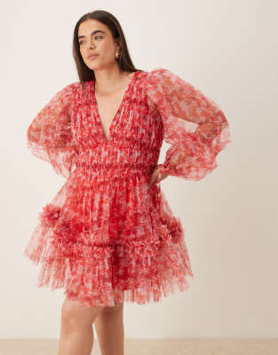 asos Lace & Beads Plus balloon sleeve organza mini dress in red floral