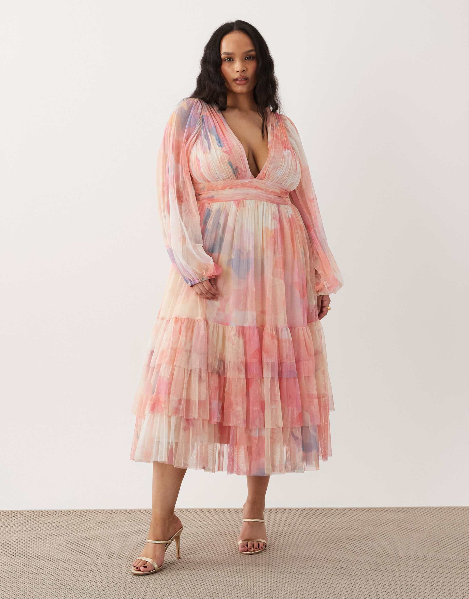 lace & beads plus balloon sleeve ruffle tiered tulle midaxi dress in pink blurred floral