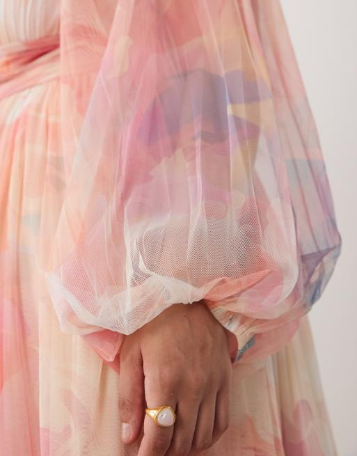 Lace & Beads Plus balloon sleeve ruffle tiered tulle midaxi dress in pink  blurred floral | ASOS