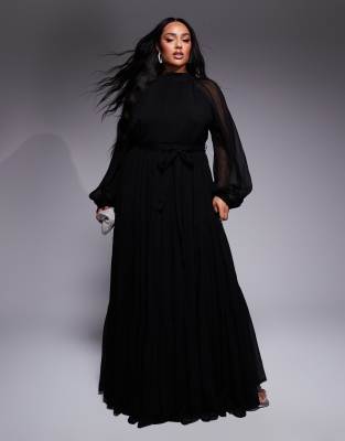 Lace & Beads Plus balloon sleeve tiered maxi dress in black φωτογραφία