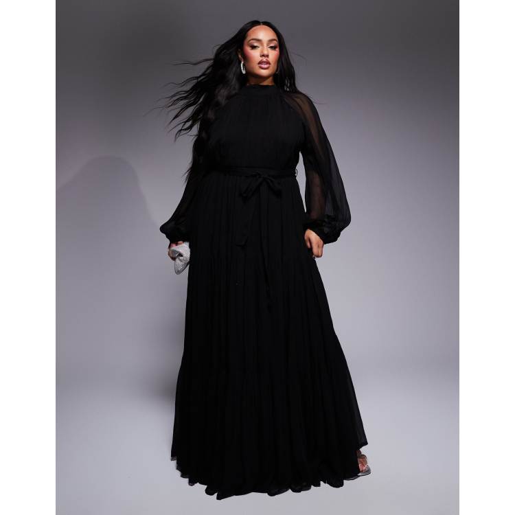 Lace & Beads Plus balloon sleeve tiered maxi dress in black