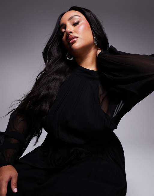 Lace & Beads Plus balloon sleeve tiered maxi dress in black