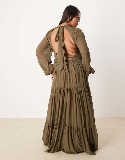 Lace & Beads Plus balloon sleeve tiered maxi dress in deep olive, 3 of 4