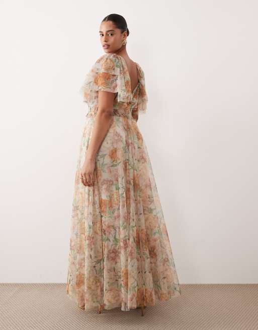 Lace & Beads Plus - Beige maxikjole i tyl med blomstermønster, 3 af 4