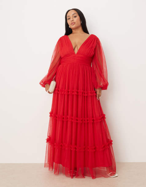 Lace & Beads Plus - Boho maxi-jurk met ruches in rood - view 1