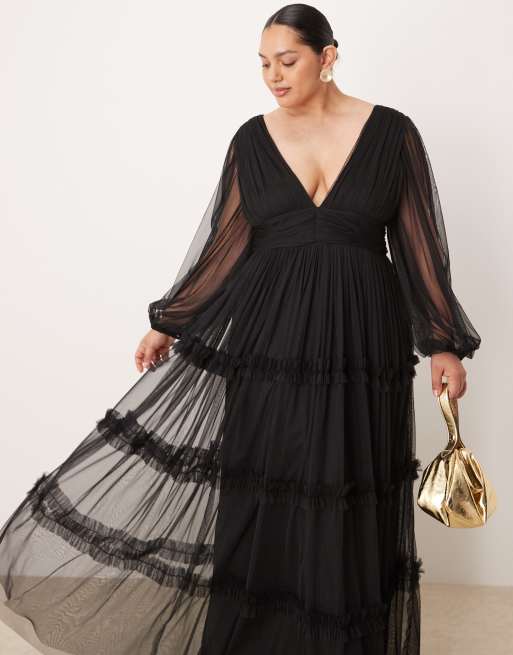 Lace & Beads Plus - Boho maxi-jurk met ruches in zwart, 2 van 4