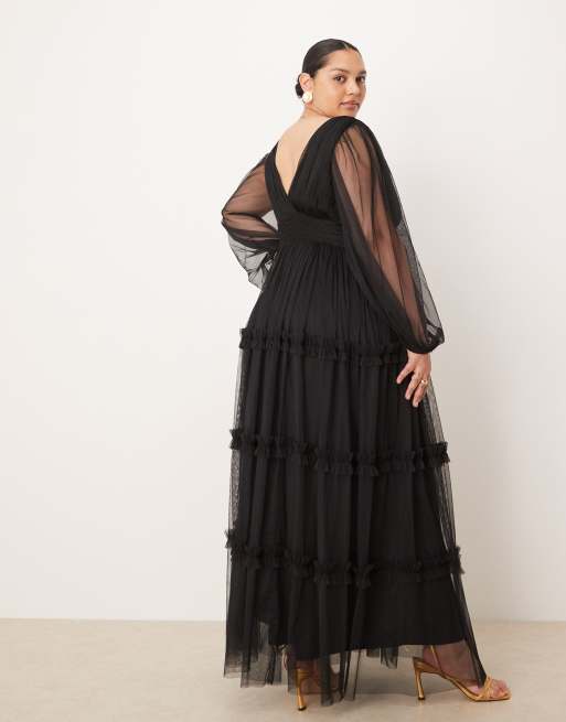 Lace & Beads Plus - Boho maxi-jurk met ruches in zwart, 3 van 4