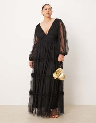 Lace & Beads Plus Boho Ruffle Maxi Dress In Black