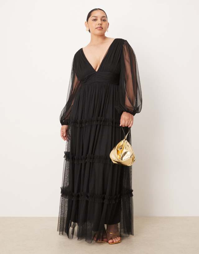 boho lace tulle maxi dress & Beads Plus Ruffle in Black line skirt with sheer