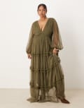 [Lace & Beads Plus] Lace & Beads Plus boho ruffle maxi dress in deep olive-Green 22 Deep olive