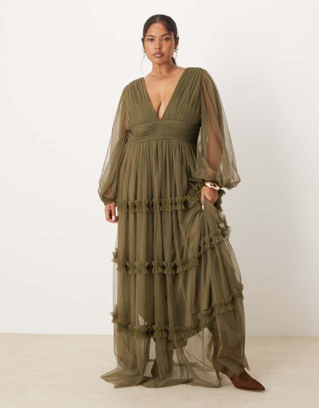 buy boho dress Lace & Beads Plus ruffle maxi in deep olive Select your size:10 Add some newness to SID-D30322 The Snow Queen Frozen