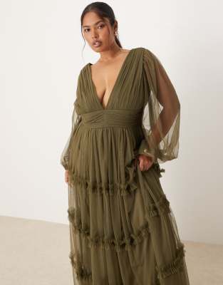 Lace & Beads Plus Boho Ruffle Maxi Dress In Green