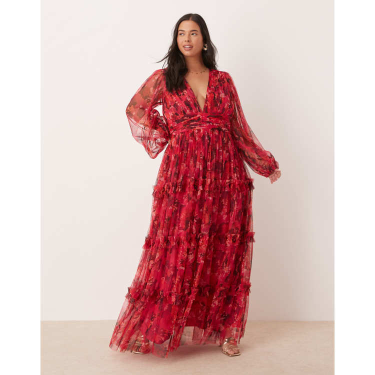 Lace & Beads Plus boho ruffle maxi dress in pink and red rose | ASOS