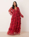 [Lace & Beads Plus] Lace & Beads Plus boho ruffle maxi dress in pink and red rose 18 Pink & Red Rose