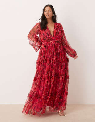 lace & beads plus boho ruffle maxi dress in pink and red rose