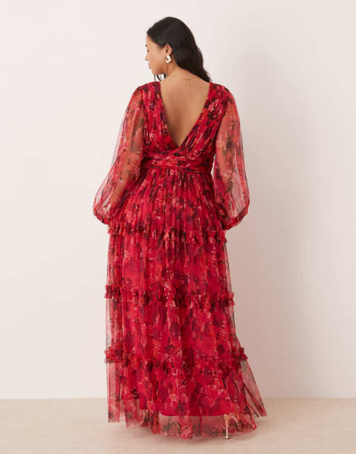 Lace & Beads Plus boho ruffle maxi dress in pink and red rose