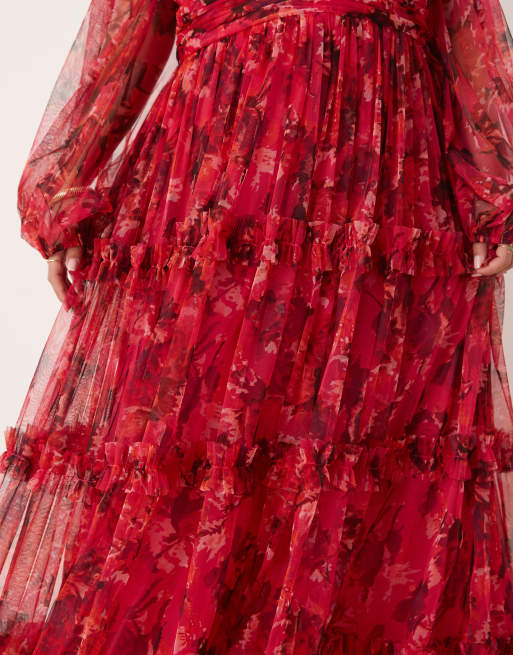 Lace & Beads Plus boho ruffle maxi dress in pink and red rose