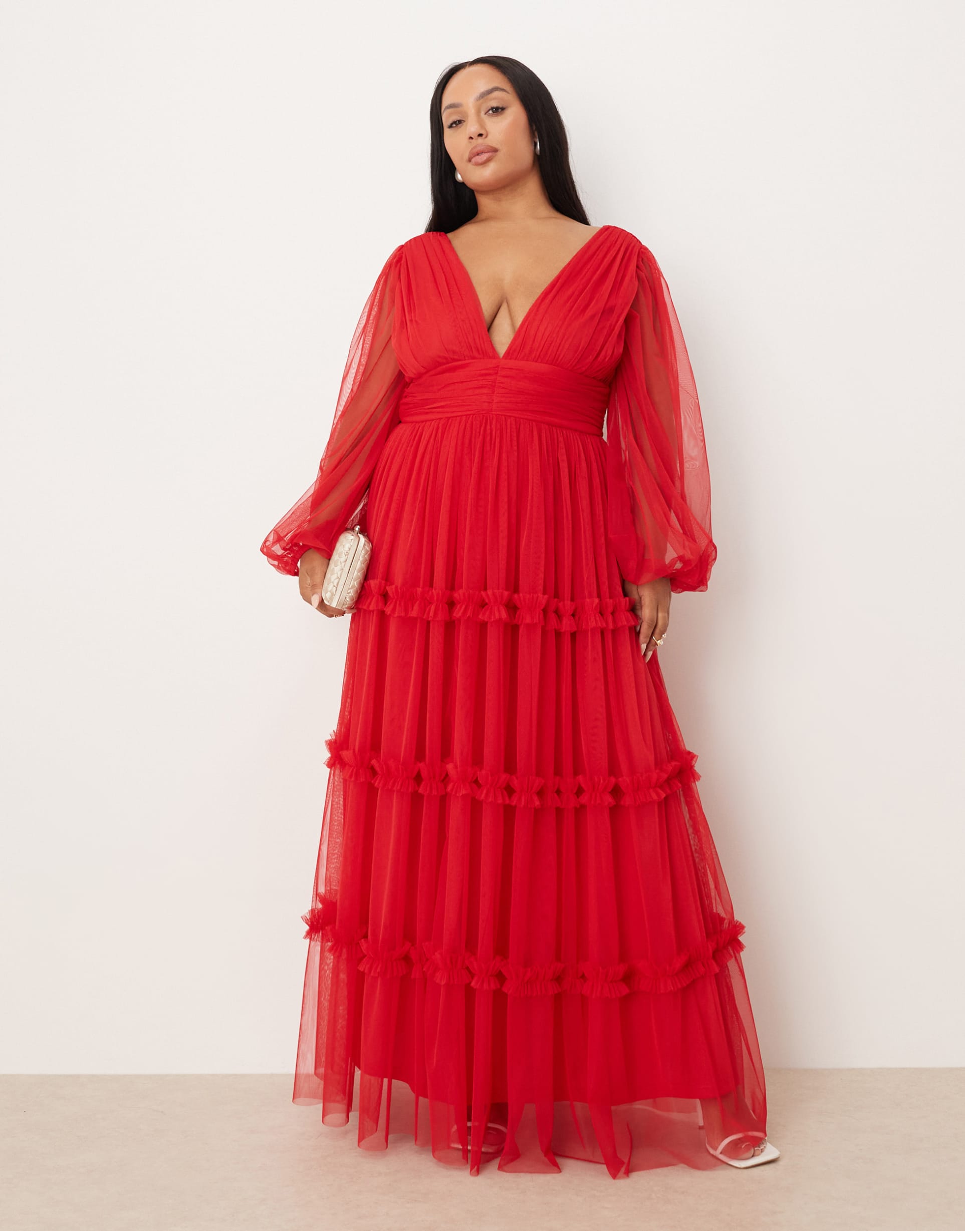 lace & beads plus boho ruffle maxi dress in red