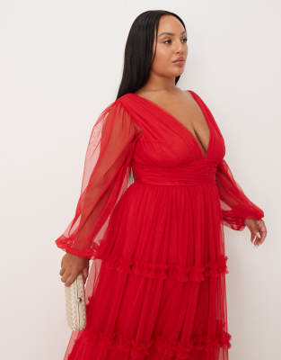 Lace & Beads Plus Boho Ruffle Maxi Dress In Red