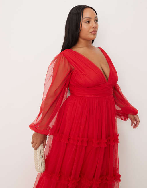 Lace & Beads Plus boho ruffle maxi dress in red