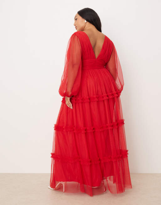 Lace & Beads Plus boho ruffle maxi dress in red