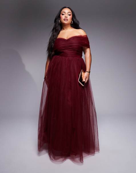 Lace & Beads Plus - Bordeaux offshoulder-maxikjole i tyl med sløjfedesign - view 1