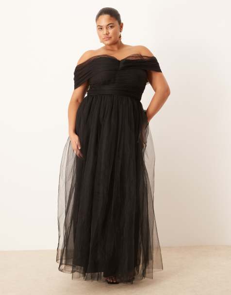 Lace & Beads Plus bow fallen shoulder maxi tulle dress in black - view 1